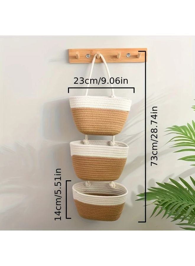 White And Khaki Fabric Hanging Storage Basket Set Wall Mounted Organizer For Living Room Bedroom Kitchen - Image 3